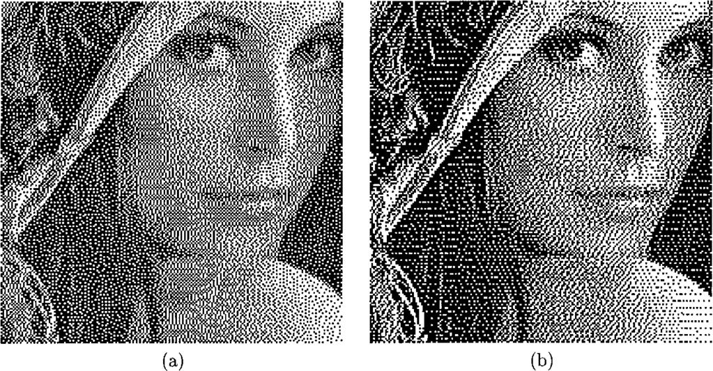 NONLINEAR FILTERING APPROACH TO INVERSE FILTERING 87 FIG. 2. Examples of the edge quality influenced by the diffusion kernel: (a) the Floyd Steinberg kernel and (b) the Jarvis kernel.
