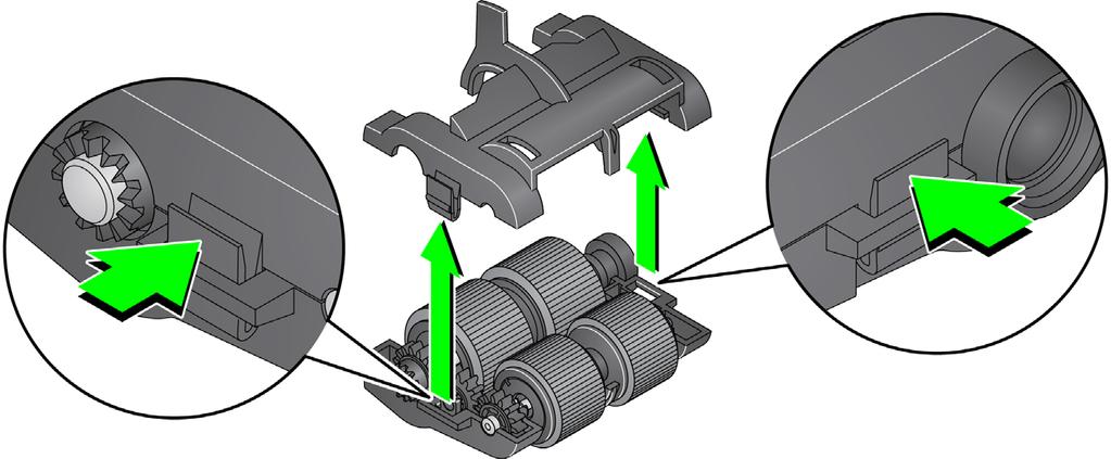5. With one hand, press the locking tabs (one on each side) while holding the lower housing with the other hand. Pull the upper housing up and away from the rollers. 6.