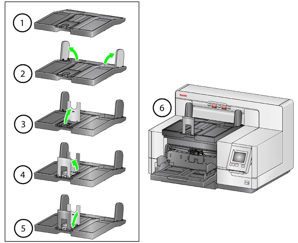 To lower the output tray, gently push the height adjustment tab underneath the output tray while lowering the output tray on to the front printer access cover.