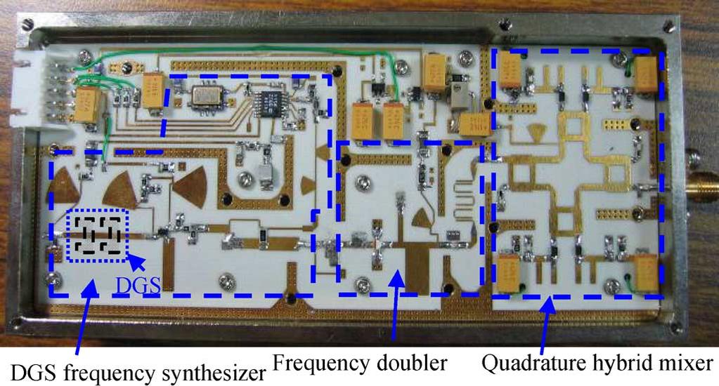 Photograph of the fabricated radar front-end module with quadrature hybrid mixer and DGS frequency synthesizer. consists of a 5.