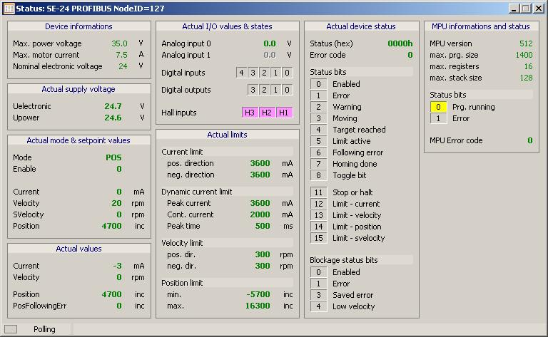 5.3 Status The Status tool displays the actual status of the device (target values, actual values, limits, I/O status and MPU status).