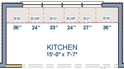 Adding Cabinets To lay out base cabinets for this tutorial 1. Place and position several initial base cabinets in your plan and edit their width and orientation as shown in the following image.