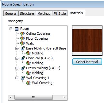 Using the Material Painter 3. Find and select a material and click OK to close the dialog. 4. Click OK to close the Room Specification dialog. 5.