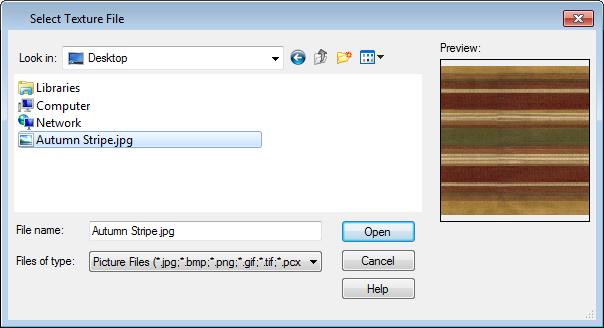 Custom Materials, Images, and Backdrops 4. On the Texture tab, click the Browse button to display the Select Texture File dialog, where you can select an image file saved on your machine. 5.