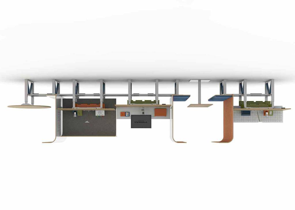 Product Positioning height adjust offering includes a bench with optional table ends, end media walls and screens to create a work environment with varying degrees of privacy with the unique canopy