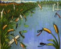 Look for the many lines in this painting. Some are more obvious, others are less so (the cattails, dragonflies, logs, fish, leaves, etc.). Describe the types of lines you see.