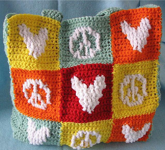 Heart And Peace Sign Tote Copyright 2011 DCollinsworth 4 Materials: 2-3 oz Red Heart Super Saver yarn in the following colors: Pumpkin, Bright Yellow, White and Cherry Red, 2-3 oz Caron yarn in Soft