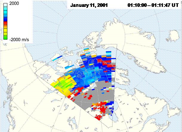 sequence (of seven pulses) is transmitted and sampled to resolve 75 ranges with a 45 km separation [10]. Figure 1.6 shows a Doppler velocity map from the Kapuskasing radar.