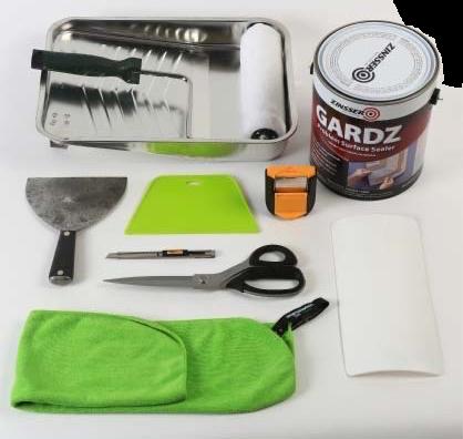 1 Paint tray and roller 2 Primer/sizing 3 Smoothers 4 Microfiber towel 5 Scissors 6 Olfa knife 7