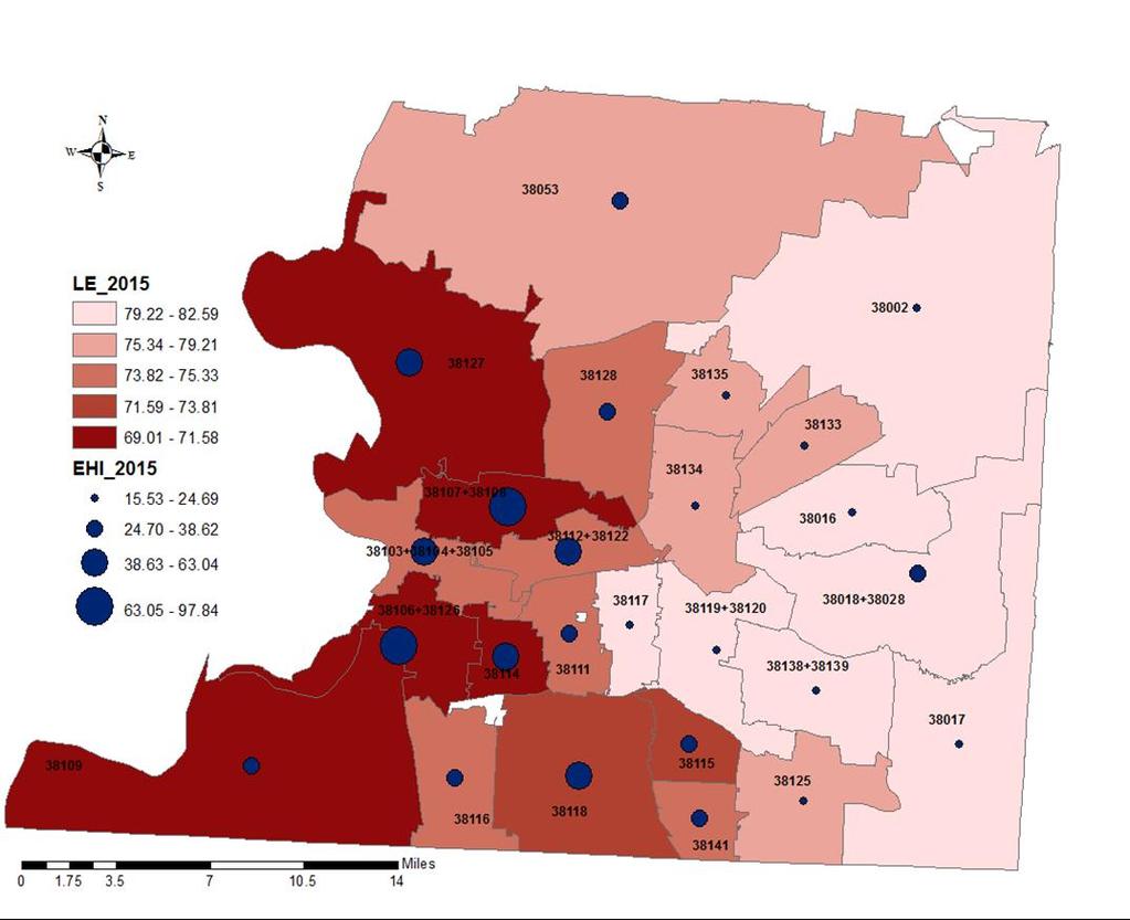 CORRELATION BETWEEN EHI AND LE IN SHELBY COUNTY TN ZIP CODES 2015 Map by Office of Epidemiology and