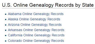 Scrolling down the page will show entries for online records of: American Indians, Archives and Libraries, Biographies, Cemeteries, Census, Compiled Genealogies, Court Records, Directories, History,
