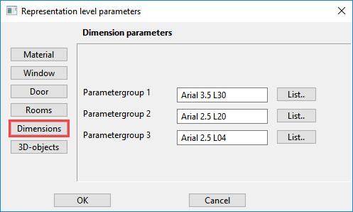 Dimensions On this screen you specify the dimension parameters for the "parameter groups 1 3" to be used during architectural dimensioning.
