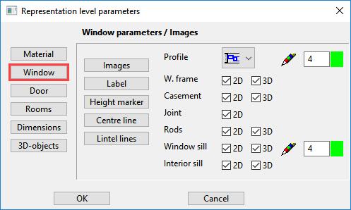 view and/or section view. Windows In the window parameters, the display of windows in 2D and 3D can be defined.