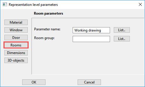 Rooms In the room parameters you can select the data record for the room label and room group used.