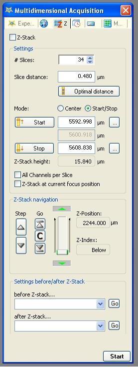 6.3 Z-Stack Settings 1) Define the number of slices or the z-step size.