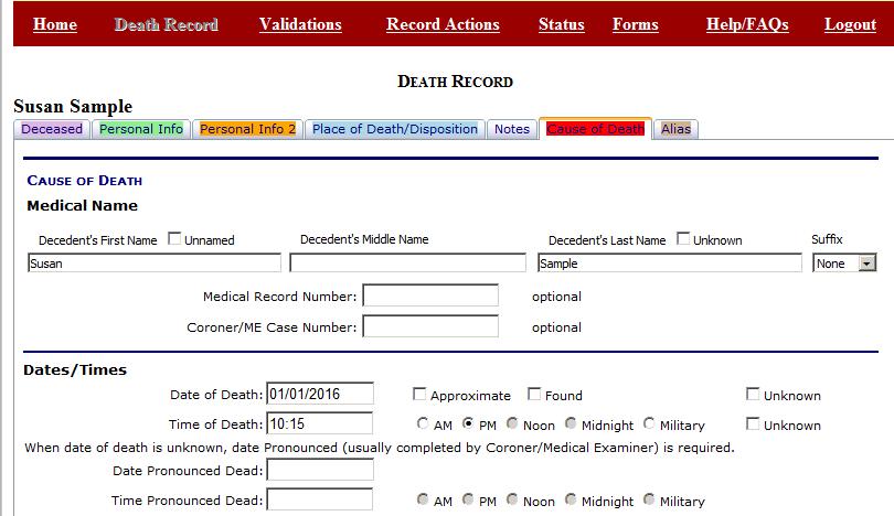 The decedent s name and date of death move over to this page at the time the record is created by the medical