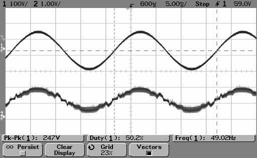16 Enlarged Output voltage waveform at 100% load Scale: 5V/div and 1ms/div Fig. 14 Input voltage and current waveform at 100% load Scales: 300V/div, 0.