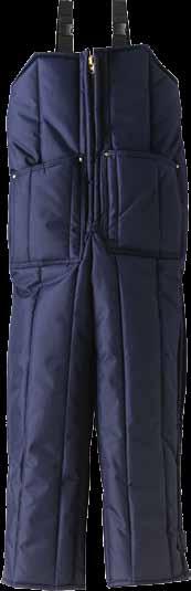 25 oz polyester fiberfill. Heavy duty brass zippers with snap fly over leg zippers. Navy Blue or Sage Green.