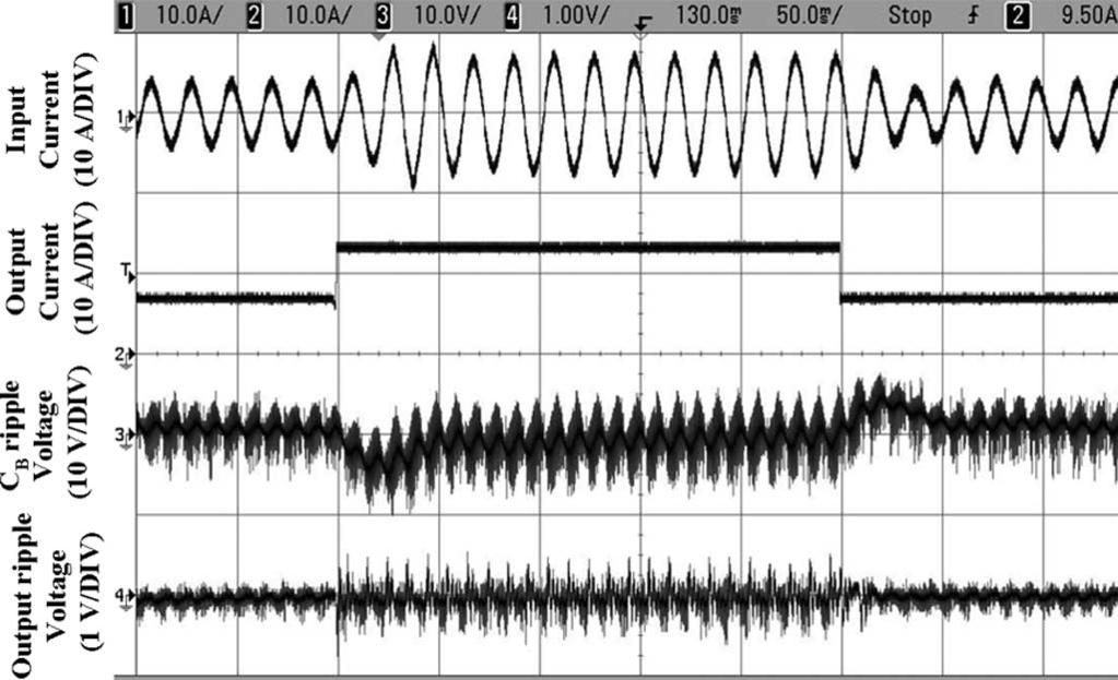 Measured waveforms of the filtered input current of preregulator (upper trace), load current (middle trace), C B ripple voltage (third trace), and output ripple voltage (lower trace).