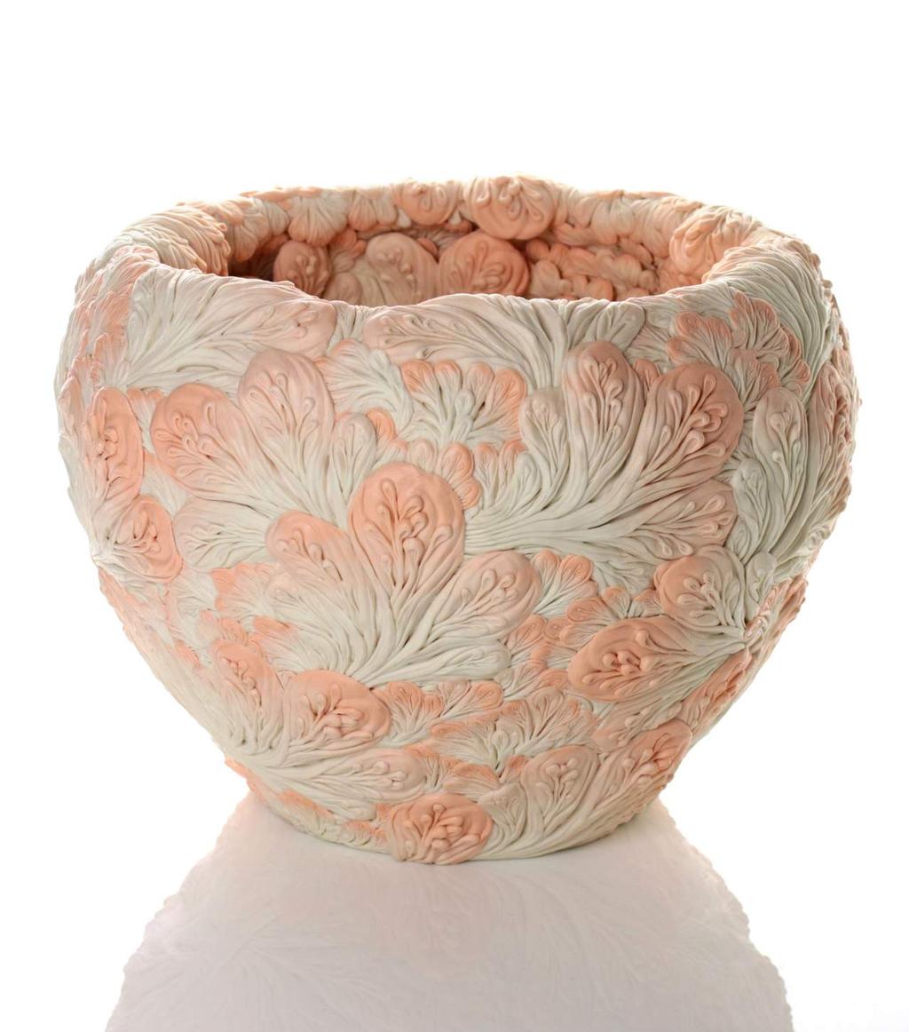A Pale Peach Cherry Blossom Box, Dancing Top, 2015 Moulded, carved and hand-built coloured porcelain with red gold leaf interior Height 20cm (7 7 / 8 ) Diameter 14.