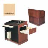 Pullout shelf and document camera drawer, and two storage sections with locking swing doors.