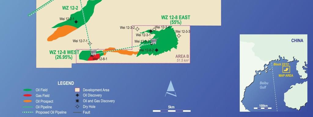 It is likely that Pike will be drilled using the rig mobilised for drilling of two appraisal wells on Manaia and Maari South in 2012/2013. CHINA Block 22/12, Beibu Gulf (Horizon Oil interest: 55%/26.