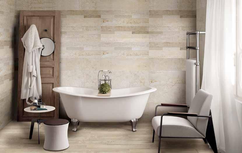 ROCKY These porcelain tiles are made to mimic the marbled patterns of sliced rock and come in a range of earthen colours.