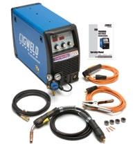 The unit is equipped with an integrated wire feed unit, voltage reduction device (VRD applicable in Stick mode only), PFC (power factor correction), digital voltage and amperage meters, and a host