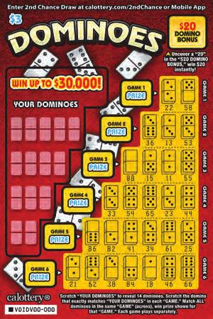$ 3 GAME #1327 DOMINOES OCTOBER 2018 WIN UP TO 0,000! DOMINO BONUS! PRIZE PAYOUT 62% HOW TO PLAY Scratch YOUR DOMINOES to reveal 14 dominoes.