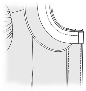 Gathers should be at the top half of sleeve. Baste sleeve into dress and stitch from sleeve between the two lines of lengthened machine stitching (see fig. 21).