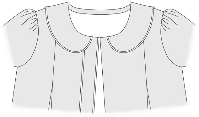 Align raw edge of collar with raw edge of dress neckline and match center back of collar to center back of dress. Front edge of collar should stop at the center front line on each.