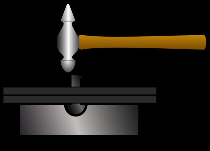 https://upload.wikimedia.org/wikipedia/commons/thumb/f/fd/riveting.svg/2000px-riveting.svg.png 5. Using a ball peen hammer, hammer the rivet into a mushroom head shape to fill the countersink hole. 6.