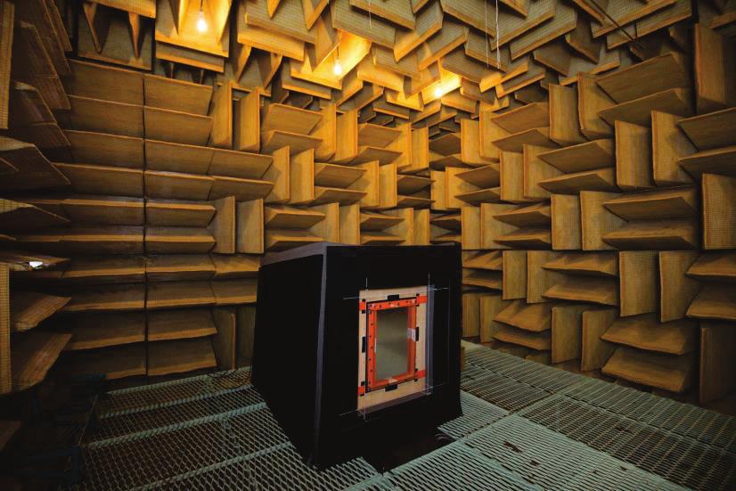 Apart from ergonomic considerations, the use of common materials also simplifies the manufacturing of the chamber. Figure 3 Final reverberation chamber inside the anechoic room.