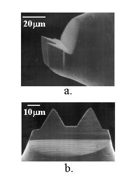 Figure 3: Two-tip microtool having triangular cutting faces. Tool is made of M42 high speed steel and is shaped by focused ion beam sputtering.