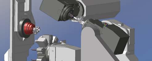 At least one turret is replaced with a rotating milling spindle with tool receptacle, the B axis, and a tool magazine.