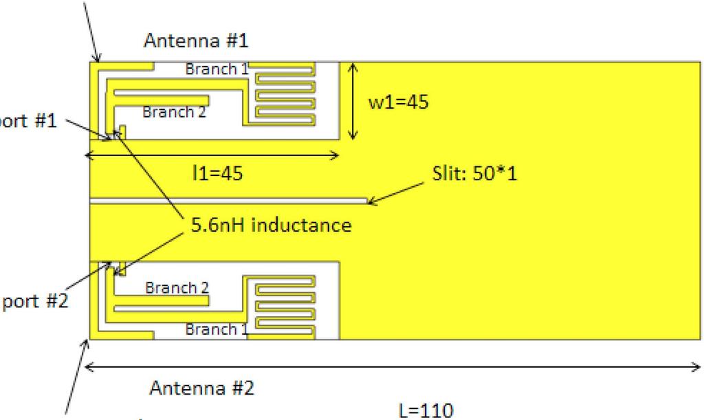 #1 port Parasitic element 111 l' x Slit : 5 0 ' 1 2 port l. Antenna 112 Parasitic element #2 Unit : mm Fig.