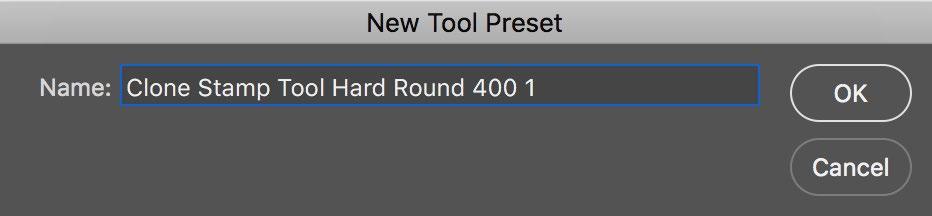 The default name for a new tool preset will reflect the tool name and the basic settings for that tool, but you ll likely want to change the text to better reflect the reason you are creating the new