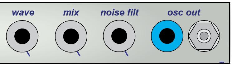 The Oscillator outputs: To the right of the banana inputs are the two osc out outputs. The blue banana is a CV output of ONLY THE WAVESHAPE.