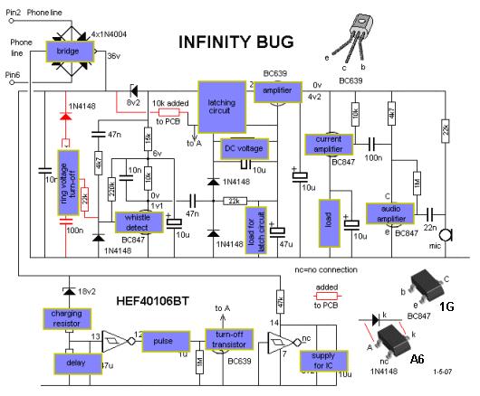 The Infinity Bug connects across the phone line and takes very little current as most of the circuit is not active when in the "waiting" state.