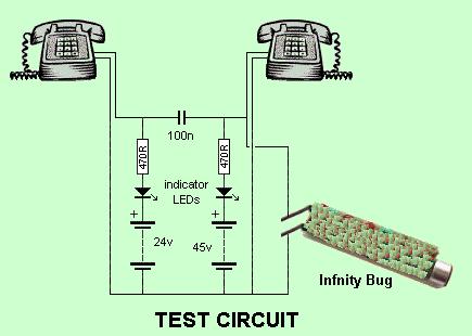 Connect the Bug to the test circuit shown above and pick up the left-hand phone.