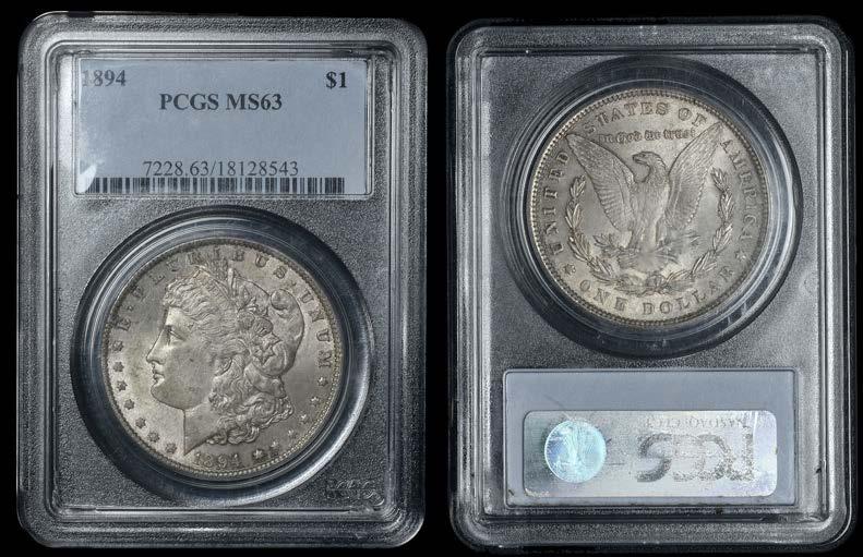 307 Dollars (5), 1890S, 1898O (2), 1900, 1900O [5]. Virtually mint state 100-150 All slabbed in PCS holders, graded MS 62, MS 65, MS 65, MS 64 and MS 65 respectively 308 Dollar, 1894.