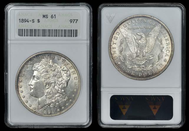 Some bagmarks, otherwise virtually as struck, scarce 200-300 Slabbed in ANACS holder, graded MS 61 310 Dollars (3), all 1896 [3].
