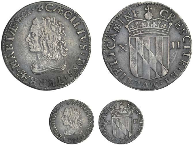3 MASSACHUSETTS, Oak Tree coinage, Twopence, 1662, 0.62g/12h (Noe 32; Breen 35; Whitman 240). Very fine 2,000-2,500 4 MASSACHUSETTS, Pine Tree coinage, Shilling, 1652, large planchet, 4.