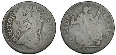 12 CONNECTICUT, Cent, 1785, bust right, so-called goatee variety (Miller 6.2/F1; Breen 737; Whitman 2395). Characteristic die break below chin, nearly fine 80-100 13 Kentucky Cent, edge plain, 10.