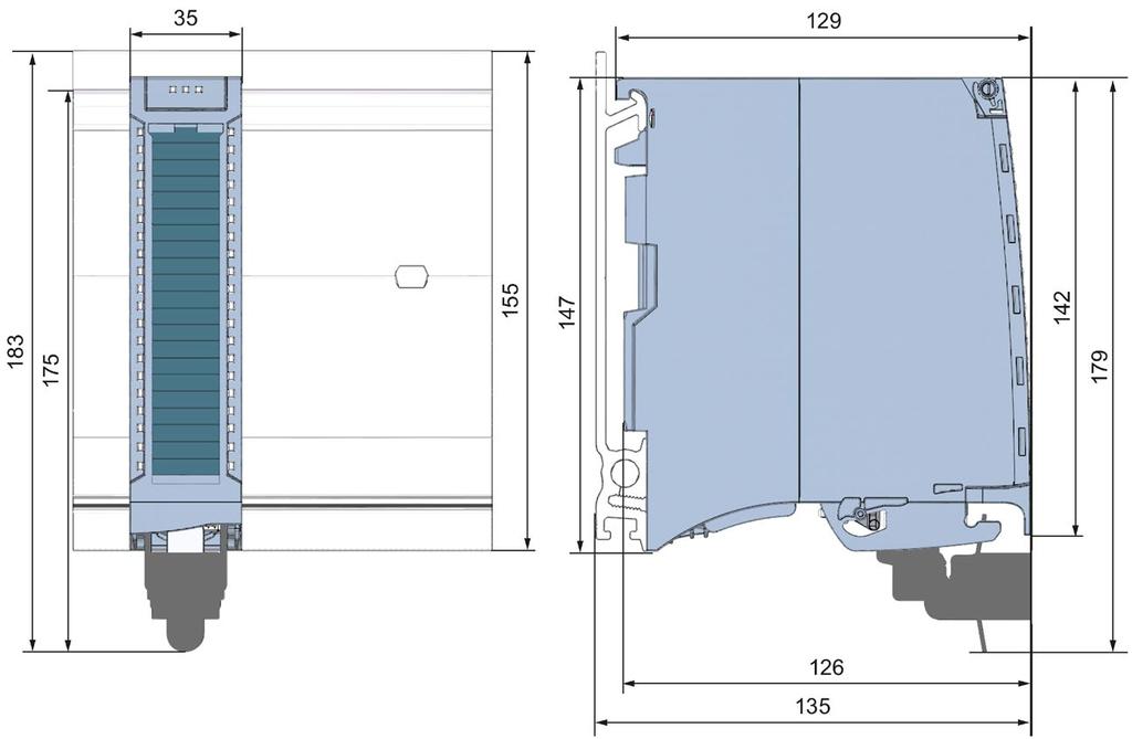 Dimensional drawing A The dimensional drawing of the module on the mounting rail, as well as a dimensional drawing with open front panel are provided in the appendix.