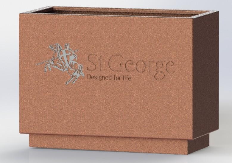 Specify Kent St. George Planter ; 900mm overall height; 1200mm overall length; 600m overall width; Grade 316L Stainless Steel; Powdercoated Kent Antique Finish; Laser Cut St.