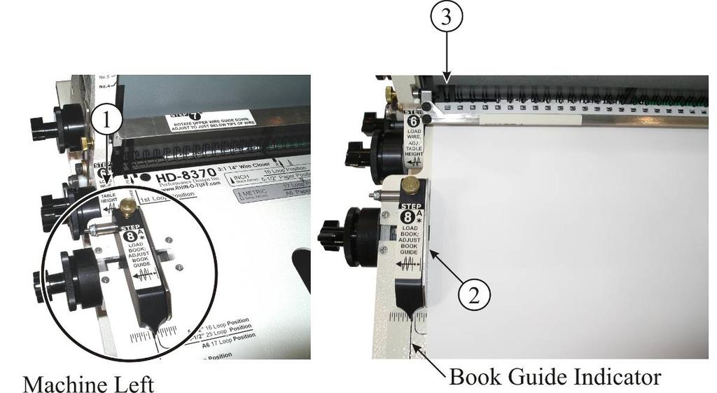 STEP 8, Adjust Book Guide: Locate the book guide adjustment knob in Figure 8b item 1 only located on the left side of the machine.