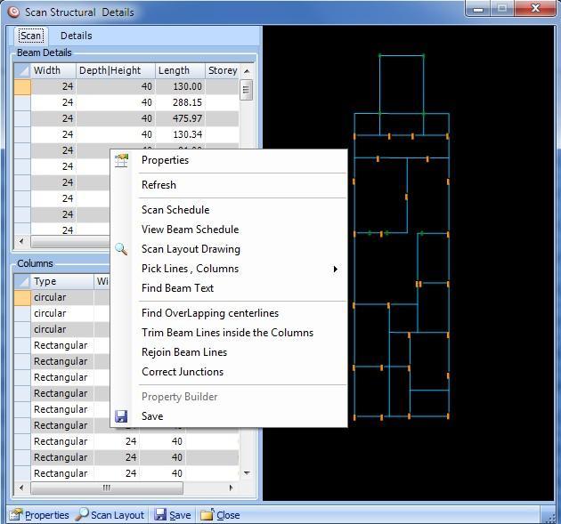 3.3 Scan Structural Details This window helps to scan the structural details like beams, Columns (Rectangular and Circular) from the CAD drawings.