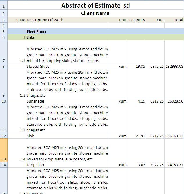 REPORTS ABSTRACT Abstract report creates report of all the quantities in the estimation project with the grouping option given in the work group master and stories to MS excel. It has two sheets.