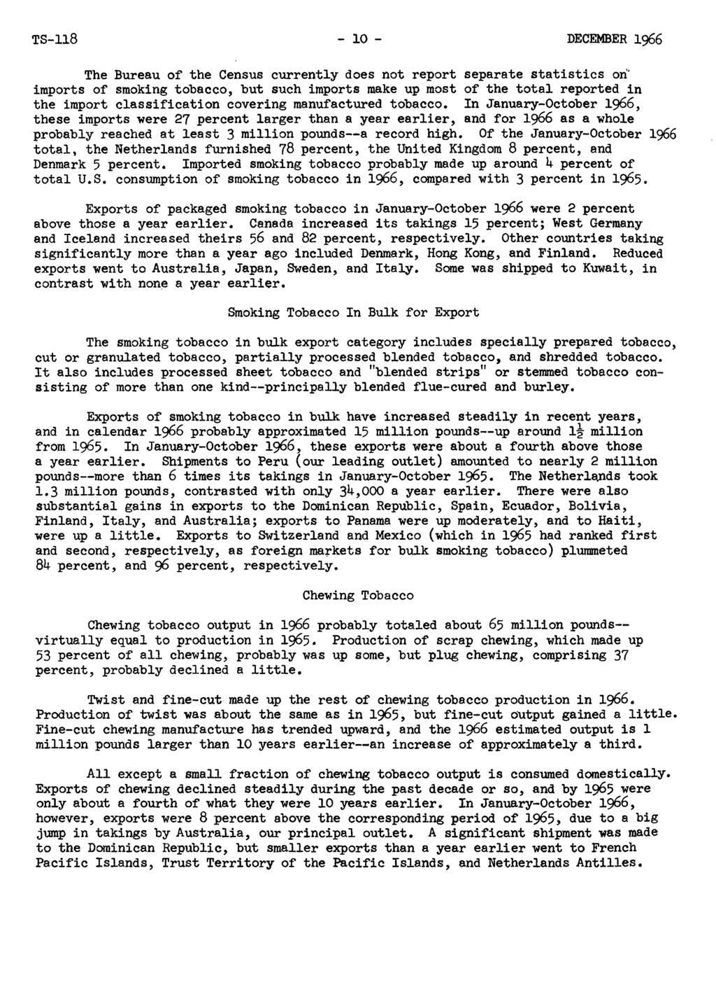 TS-ll8-1- DECEMBER 1966 The Bureau of the Census currently does not report separate statistics on imports of smoking tobacco, but such imports make up most of the total reported in the import